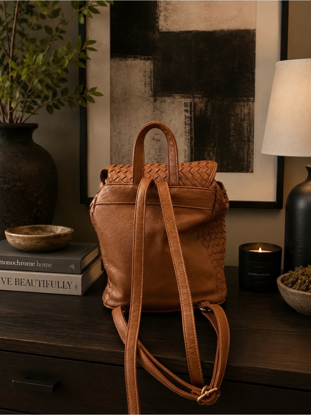 Woven Leather Backpack - Tan